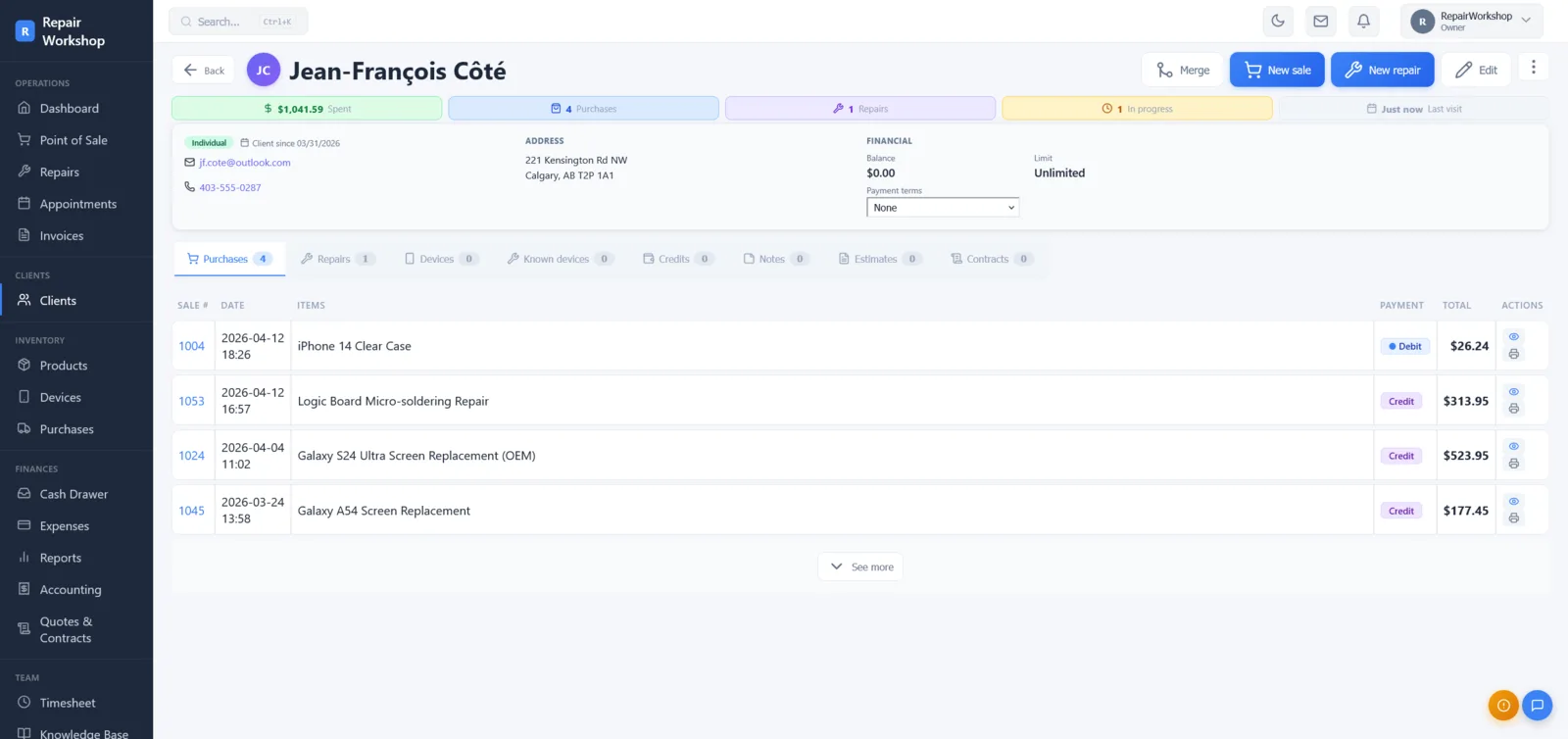 Profil client avec coordonnées, tickets et notifications