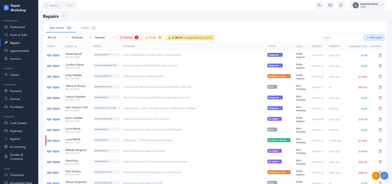 Flux de travail de ticket avec statuts et assignation de technicien